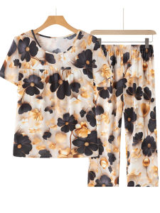 Mom Summer Clothes Bourette Suit Loose Color Home Pajamas Middle-Aged and Elderly Womens Artificial Cotton Two-piece Set Can Be Outwear