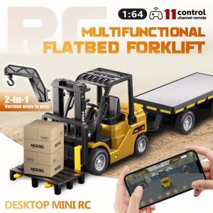 1/64 Mini RC Forklift Toy11 Channel 2 Mode Remote Control Forklift Truck with Rechargeable Battery 2 in 1 Transformable Lift Fork & Hook with Lights & Sounds Gift for Adults Kids Boys Girls Yellow