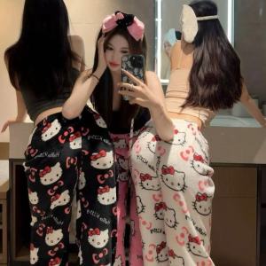 Adorable HelloKitty Coral Fleece Home Clothes Womens Pajamas Cat Cartoon Long Pants Warm Home Wear Spring Autumn Youth Size