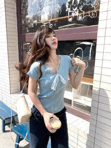 SHUQINGLAI | Áo Thun Knit Cổ V Có Dây Buộc Eo