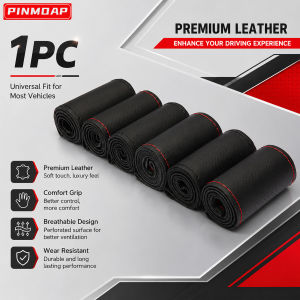 PINMOAP Steering Wheel Cover DIY Wrap Black Perforated Red Thread Stitch On Grip Protector for Car SUV Interior Accessory Kit