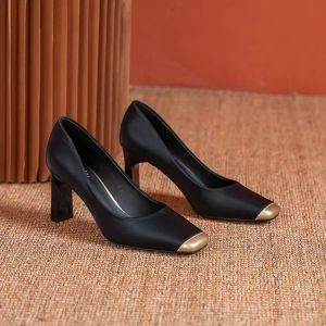 Retro Square Head High Heel Single Shoes Autumn New Style Lady Elegant Color Block Thick Heel Evening Shoes Versatile Commuter Shoes
