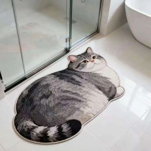 VIKAMA Cute Cat-Shaped Plush Rug Absorbent and Non-Slip Entryway Mat Shower and Bathroom Door Mat Home Decor