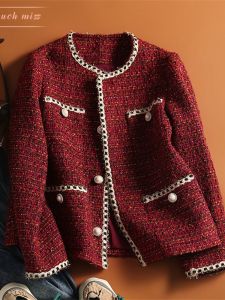 Red Lucky Year Small Fragrance Style Jacket Womens Autumn Winter New Luxury High End French Elegance Lady Top Coat
