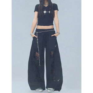 Korean Style High Waist Wide Leg Jeans Patchwork Hole Dancing Pants Women Summer Design Jazz Spicy Girl Casual Pants Trendy