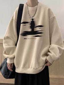 Retro American High Street Fashion Mens Fleece Lined Cotton Sweatshirt Loose round Neck Base Shirt for Autumn Winter