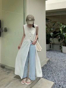 French Lazy Style Long Single-Breasted Sleeveless Vest Dress Womens Summer New Arrival K-style Loose Pleated Blouse