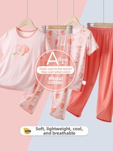 Anbeton | Short Sleeve Ice Silk Lightweight Girls Summer Home Wear Set Cartoon Design Long Pants