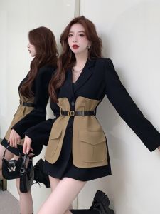 Elegant Color Block Suit Dress Skirt Womens Autumn Winter British Style Waist Cinched Ladylike Streetwear Dress