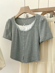 YEZATIIO | Lace Trim Fake Two-Piece Short Sleeve T-Shirt 2026 New Fashion Slim Fit Sweet