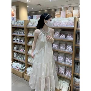 French Initial Sleeveless Neck Hanging Beaded Dress Women Summer Loose Beautiful Milk Fufu Gentle Long Skirt A-Line Silhouette