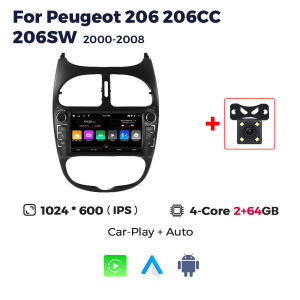 2DIN 7" Car Radio Wireless Carplay For Peugeot 206 206CC 206SW 2000-2008 Multimedia Player Navigation GPS Android Auto RDS Unit