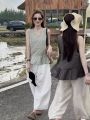 Elegant Silk-Linen Blend Two-Piece Set Women's V-Neck Flared Sleeveless Top and Wide Leg Crop Pants. 
