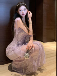 French Elegant Glitter Purple Strap Dress Beautiful Unique Slim Fit Long Skirt High Waist Silk Material Summer Season Womens Dress