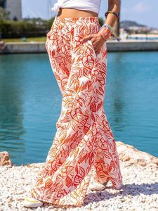 กางเกงขายาวทรงหลวมเอวสูงสำหรับผู้หญิงพร้อมกระเป๋าข้างลายพิมพ์สไตล์สตรีท กางเกงขายาวทรงตรงสำหรับใส่ลำลองในฤดูร้อน