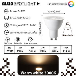 GATETOP | 50PCS/lot Hight Bright LED Spot Light GU10 Bulbs 3W 5W 6W 7W 8W 9W No Flicker  Ra80+ Warm White Lighting 3000K-6000K for Home