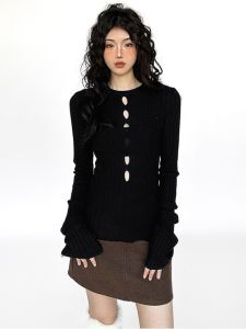 Retro American Cool เซ็กซี่ Hollow Out เสื้อสเวตเตอร์ถัก ผู้หญิง ดีไซน์ Sensation สลิมฟิต สวมใส่ด้านในด้วย เสื้อโค้ท เสื้อท่อนบน สีสัน สีดำ