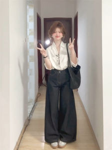 Deep Blue High Waist Wide Leg Denim Jeans Womens Loose Feeling Autumn 2024 New Style Long Straight Cut Pants