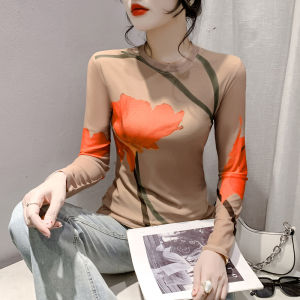 REHIN เข้ารูปพอดีตาข่ายคอวีลายพิมพ์แขนยาวผู้หญิงใหม่ฤดูใบไม้ร่วง/ฤดูหนาว