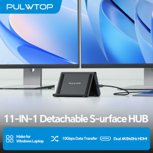 PULWTOP 10-in-1 USB C Hub with 2X 4K 60Hz HDMI USB-C/A 10Gbps USB-A 5Gbps Vertical Stand for Surface Pro & Windows Laptops