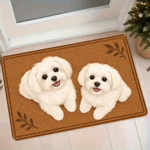 VIKAMA Two Adorable White Long Haired Puppy Rugs Soft Non Slip Indoor Outdoor Entry Mats Washable Front Door Porch Decor Home