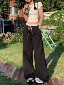 กางเกงขายาวทรงหลวมเอวสูงสไตล์บัลเล่ต์สำหรับผู้หญิง กางเกงขายาวทรงตรงพับขากว้าง สไตล์อเมริกัน ทรงหลวม กางเกงขายาวทรงตรง