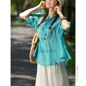 XIAOER | Floral Embroidery 100% Ramie Loose Fitting Blouse