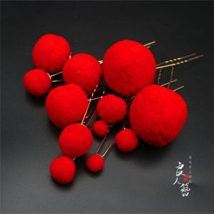 Red Flocking Ball Hairpin Traditional Opera New Year Ethnic Style Fashionable Hair Accessories for Hanfu Ancient Chinese Costumes