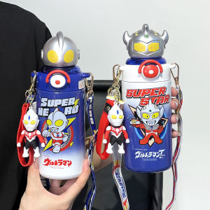 Ultraman Cartoon Stainless Steel 316 Insulated Water Bottle with Straw Pop-up Lid for School Children Adjustable Length No Handle