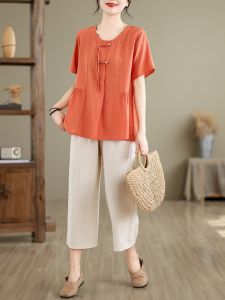 Ladies Cotton Linen Set Short Sleeve round Neck Two Piece Suit Summer New Style Mom Fashion High End Casual Wear for Women