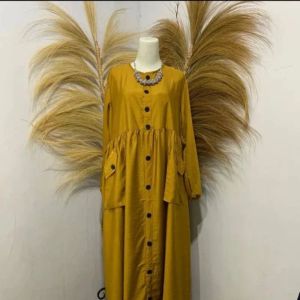 Gamis Abaya Polos Bahan Polo Linen Kancing Depan / Gamis Busui Wanita Kekinian