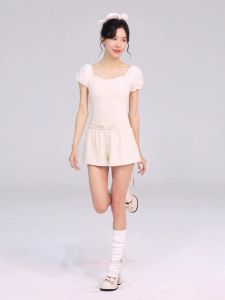 Sweet Girls Square Collar Ruffled Dance Leotard Women Nylon U-back Mesh Splice Yoga Gymnastics Puff Sleeve Bodysuit Swim Jumsuit