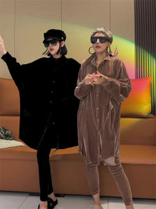 Fashionable Velvet Set Womens Autumn Polo Collar Loose Cover up Midi Shirt Casual Pants Two Piece Set Elegant Ladywear