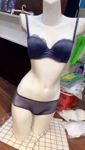 Bộ đồ lót Satin trơn không mút phối lưới viền ren cúp ngang quần nguyên mông