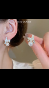 CC Wardrobe Trendy Rhinestone Butterfly Pearl Earrings - Elegant Fashion Jewelry for Women and Girls Special Occasions