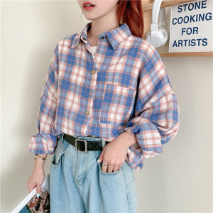 plus Size Womens Shirt Korean Style Loose Long Sleeve Top Spring Autumn Plaid Pattern Office Commute Single Button Closure
