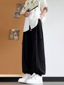 New Chinese Style High Waist Casual Pants Mens Summer Quick Dry Ice Silk Pants Cuffed Design Breathable Loose Fit Fashionable