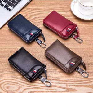 Business Fashion Cowhide Car Key Bag with Waist Hanging Keychain Men and Women Card Holder Smart Housekeeper Keys Portable Storage Zipper Pouch