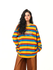 Wild Original American Retro Rainbow Stripes เสื้อยืดแขนยาว ผู้หญิง บรรยากาศบล็อกสี หลวม ฤดูใบไม้ร่วง เสื้อท่อนบน สตรีทสไตล์