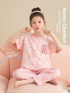 Miiow | Pure Cotton Summer Pajamas For Girls Short Sleeve Home Clothes Cool Feeling Breathable Round Neck Overhead Childrens Sleepwear