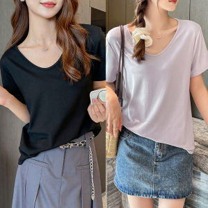 MiiOW | Slim Fit White Short Sleeve T-Shirt Womens Summer New Style Base Layer Top Large Size Shoulder Width Regular Length V-Neck