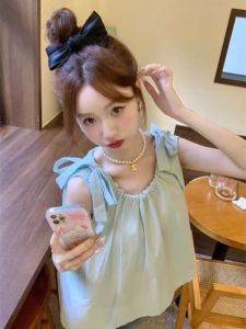 Áo Ba Lỗ Không Tay Màu Xanh Thái Lan Dành Cho Nữ Mùa Hè Áo Khoác Ngoài Đi Biển Thiết Kế Kiểu Pháp Áo Phông Dopa Dáng Rộng Chất Liệu Khác