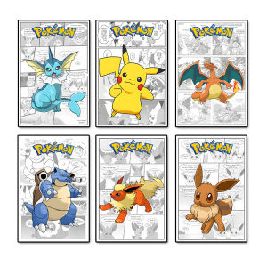 Pokemon Pikachu Newspaper Manga Snorlax Eevee Charizard Poster Mural Boy Bedroom Home Cartoon Art Decoration Kids Gift Cuadros