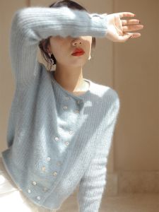 CHOEFULYN | French Soft Blue Double-breasted Mohair Sweater Knit Cardigan