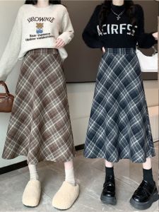 High Waist Midi Plaid Skirt Set for plus Size Women Autumn Winter Korean Style Woolen A-Line Skirt Commute Fashion