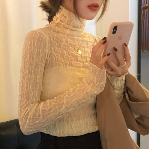 เสื้อเชิ้ตคอวีลูกไม้สไตล์เกาหลีสำหรับผู้หญิงในฤดูใบไม้ร่วงและฤดูหนาว เสื้อชั้นในลายลูกไม้สุดเก๋ เสื้อเชิ้ตคอวีลูกไม้แบบสวมหัว