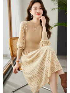 Elegant Stylish Floral Lace Hollow Out Pseudo Two-Piece Autumn Dress