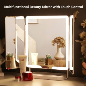 Large Portable Folding Makeup Mirror with Light Rechargeable LED Supplemental Lighting Desktop Tri-Fold Cosmetic Mirror