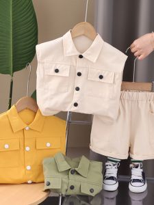 Baby Boy Summer Outfit Two-Piece Set Sleeveless Shorts Simple Casual Pure Color Cotton Fabric Comfortable Breathable Clothes
