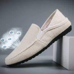Casual Korean Style Mens Shoes Lightweight Fashionable Hemp Car Driving Loafers Flat Heel Daily Use Fabric Upper Rubber Sole